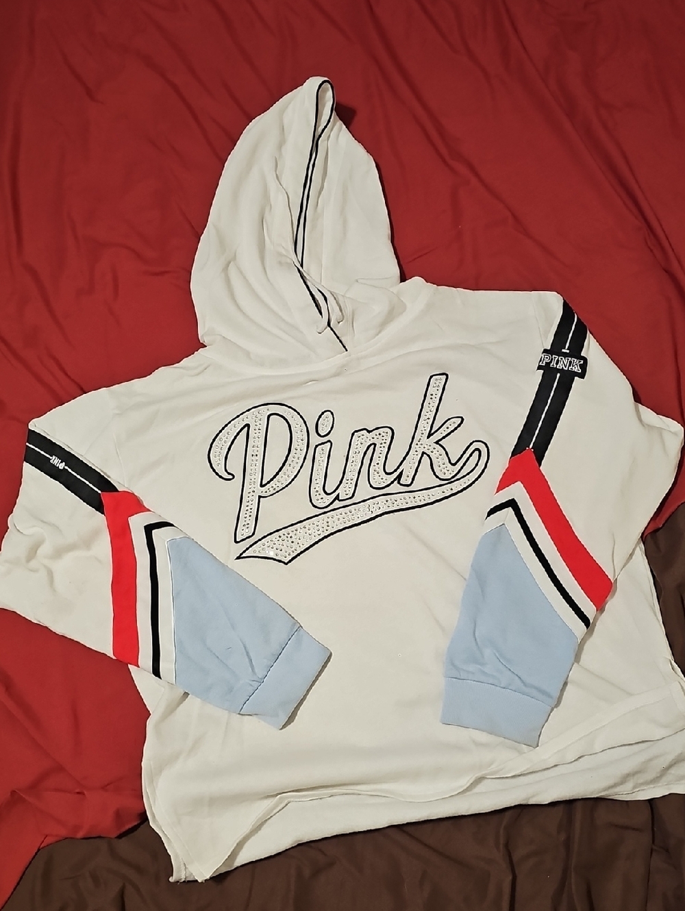 PINK Victoria's Secret White Hoodie with Red, Black & Light Blue Accents